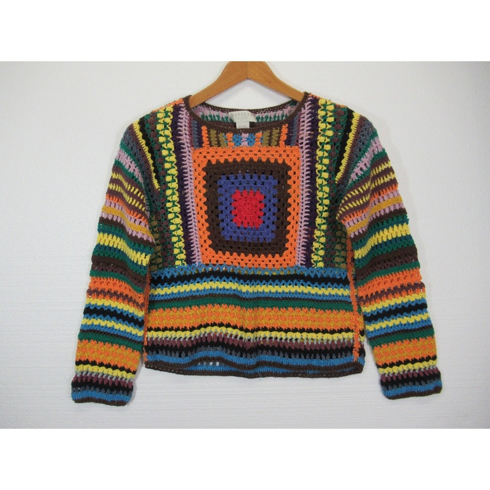 Vintage 90s Express Tricot Crochet Hippie Sweater Women Medium Boho Granny